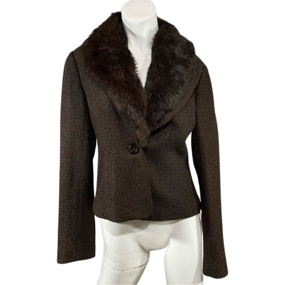 Mür Mür Blazer Size Medium Womens Brown Wool Rabbit Fur Trim Formal Winter Coat - Picture 1 of 10